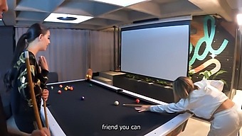 Two Brown Beauties Give A Threesome Blowjob On A Pool Table