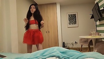 Stunning Lady In Red Skirt And Without Panties Craves Christmas Gift Of Sex